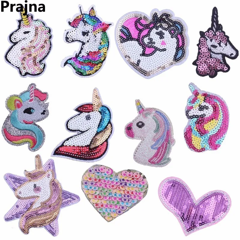 

Prajna Horse Unicorn Embroidered Patch Heart Iron On Patches Cartoon Sequin Patch Badge Clothes Patches Decals Garment Stickers