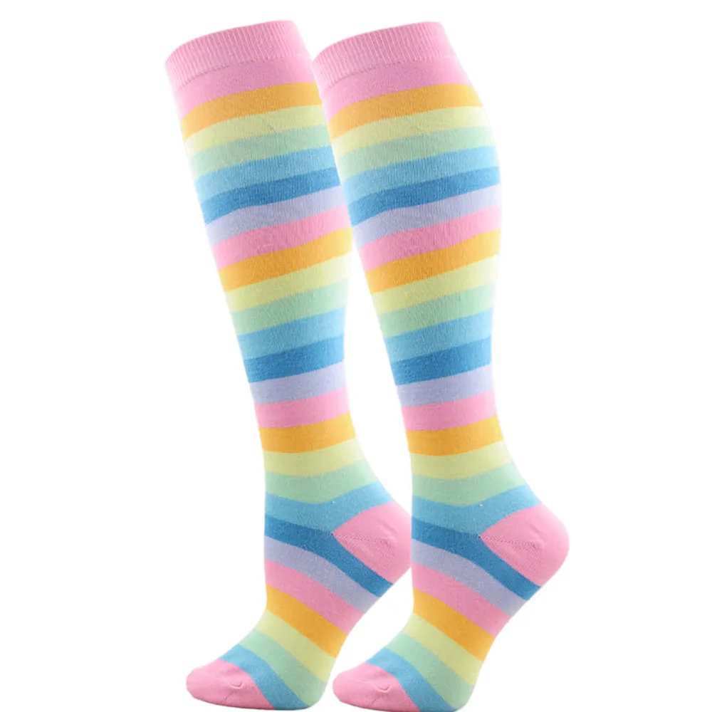 Длинные носки в радужную полоску для девочек зимние женские сексуальные носки-трубы средней высоты размера плюс цветные полосатые Пушистые Носки-тапочки calcetines