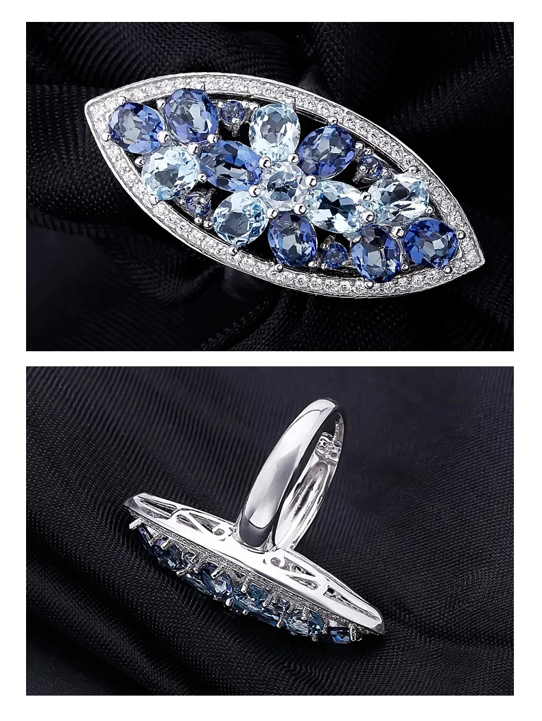 Gem's балетное модное женское кольцо из натурального иолита голубого мистического кварца небесно-голубого топаза с драгоценным камнем, 925 пробы серебряные кольца, хорошее ювелирное изделие