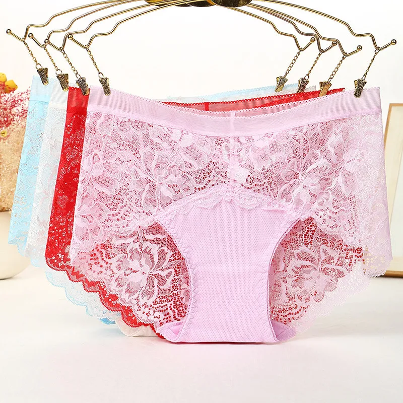 

Sexy women's underwear lace high waist hollow no trace hip big size cotton file ladies briefs transparent female Panties
