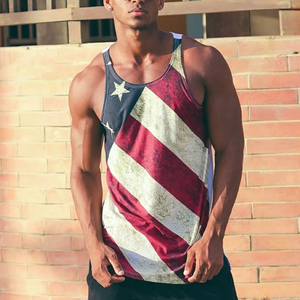 

Men gym tank top bodybuilding Sleeveless O-Neck Summer American Flag Printed Tank Tops Casual Shirt muscle fitness clothing 2019