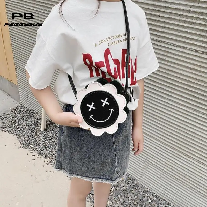 Cute Smile Flower Shaped Shoulder Handbags Leather Kids Crossbody Bags