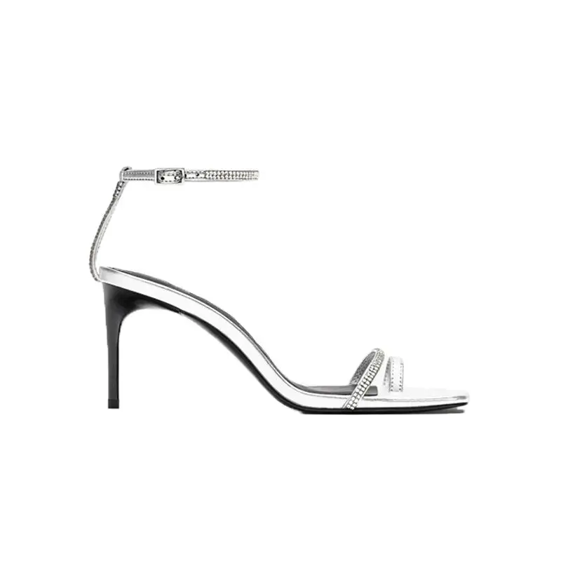 

Ins super fire shoes 19 new word buckle with rhinestone sandals square head pin high heels silver fairy summer