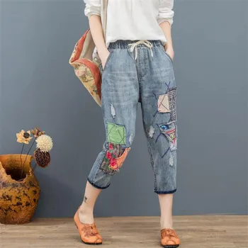 

2019 Spring summer jeans female literary retro embroidery elastic waist wash patch hole denim harem pants female r739