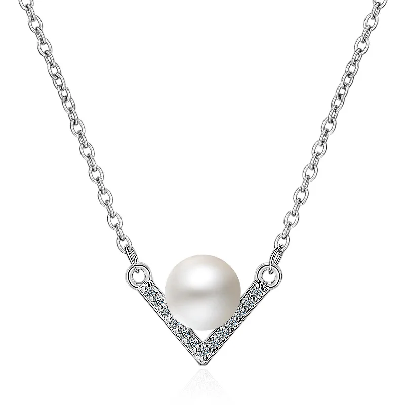 

Fashion Exquisite Simple S925 Sterling Chain Charm Simulated Pearl&V Letter Pendants&Necklace For Women Sweater Chain Jewelry