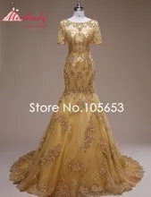Luxus Kurzen Ärmeln Abendkleid Gold Perlen Abendkleid Memraid Kristall Abendkleid A325
