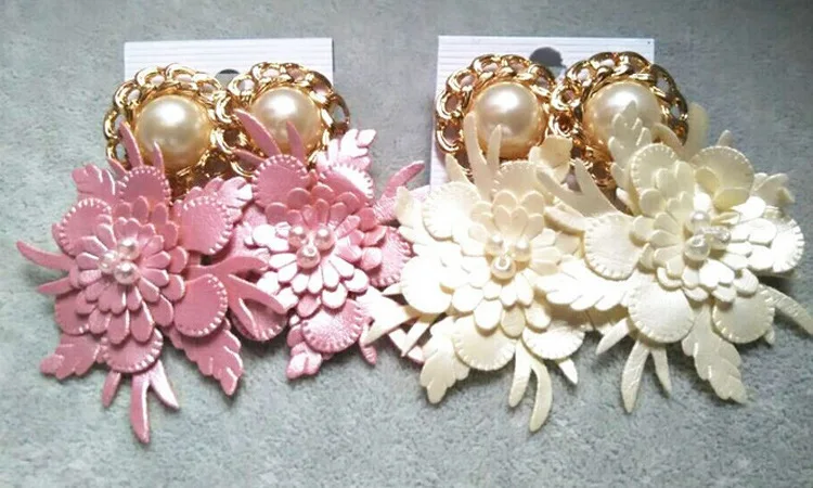 White & Pink lace leather flower pearl earrings fashion jewelry