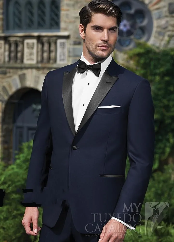New Arrival Groom Tuxedos Peak Satin Lapel Men's Suit Navy Blue