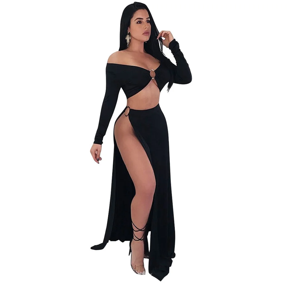 

Sexy 2 Two Piece Set Women Open Side Skirt Suits Set Off the Shoulder Cropped Top High Cut Slit Night Club Party 2PCS Set Summer