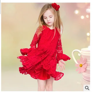 

2015 Spring Summer Girls Red Lace Dress Cotton Three Quarter FlareSleeve Dress Children's Clothing Europe Evening Dresses