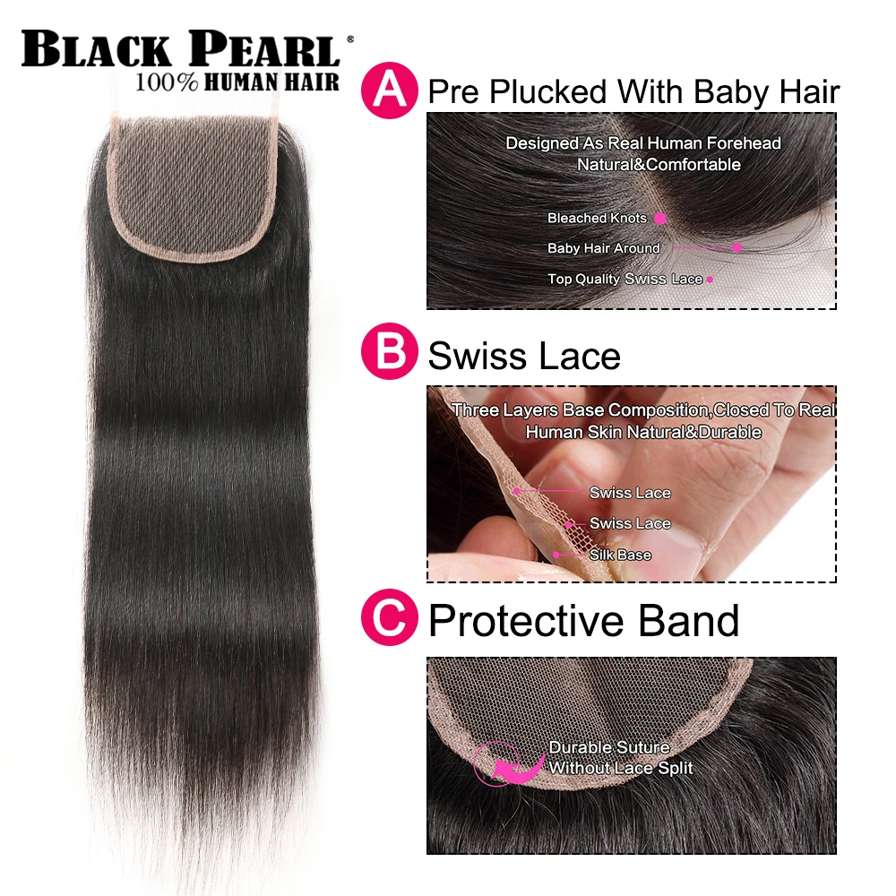 Black Pearl Pre-Colored 3 Bundles with Closure Straight Human Hair Bundles with Closure Brazilian Hair Weave Bundles 9A-Remy