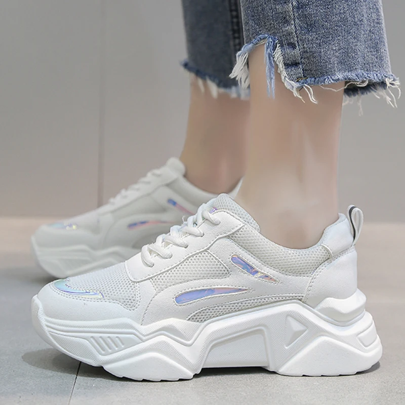 

Rimocy Women High Platform Chunky Heel Sneakers Fashion Laser Patchwork Wedges Sneakers Ladies Breathable Mesh Shoes Woman