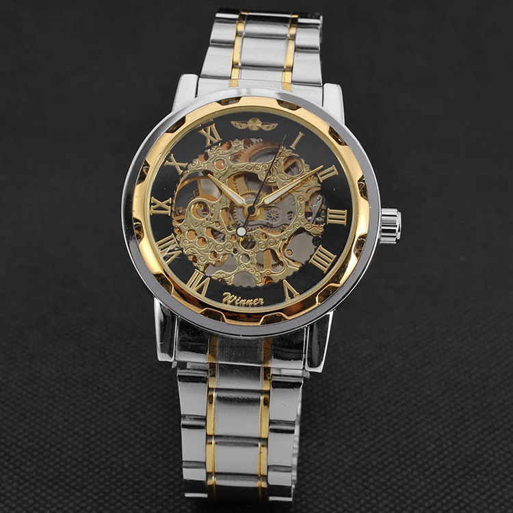 

WINNER Golden Gear Bezel Montre Metal Dress Business Colored Hollow Rome Dial Reloj Mechanical Automatic Full Steel Band Watch