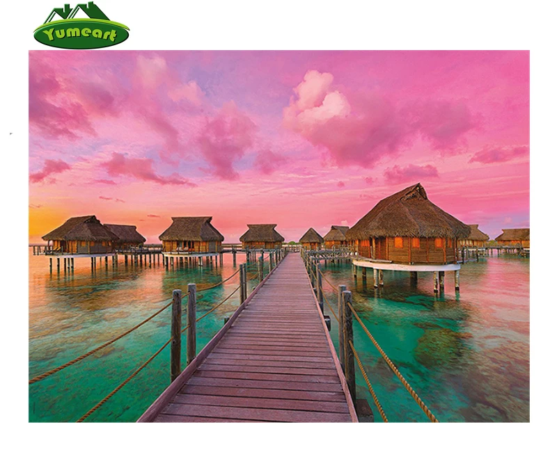 YUMEART 5D DIY Алмаз вышивка Sunset Beach таунхаус алмазов картина Мальдивы вышивки крестом