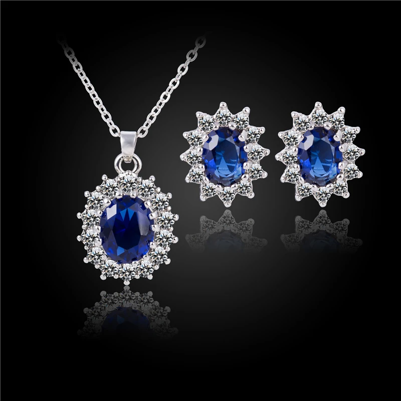 2016 Fashion Silver Blue Crystal Jewelry Sets Luxury Vintage Party Water Drop CZ Necklace&Earrings Fine Jewelry Colar Feminino