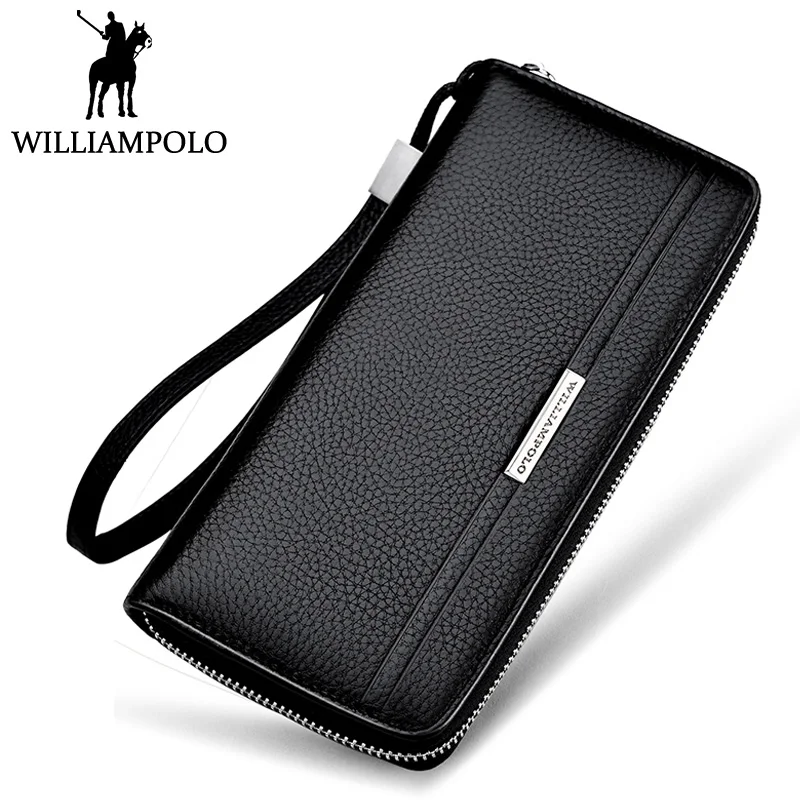 WILLIAMPOLO Mens Long Wallet Genuine Leather Zipper Clutch Wallet Handy Strap Wallet Fashion Gift For Male Brown Black Purse