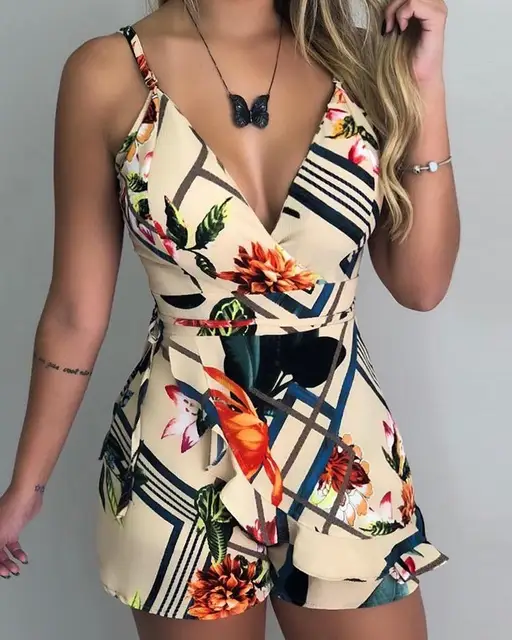 Poulax Womens Summer Spaghetti Strap Jumpsuit Casual Flower Printed Beach Romper Shorts with Pockets Tie Waist Playsuit