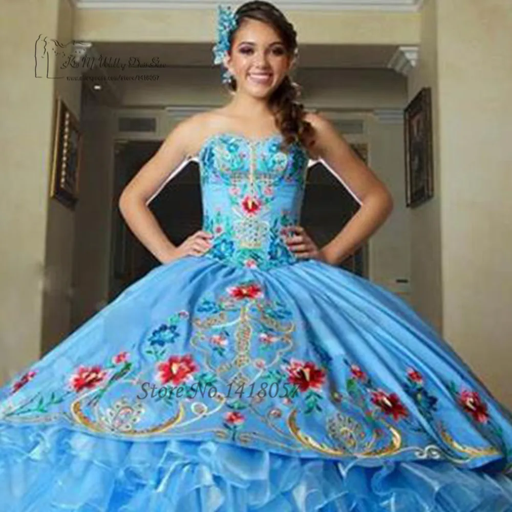 Vestidos de Debutante Para 15 anos Королевское голубое праздничное платье с вышивкой пышная органза оборки сладкое 16 платье для Бала-маскарада