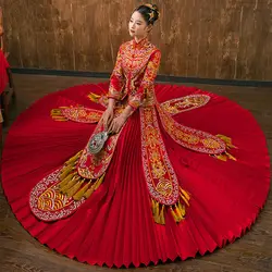 Элегантный пол длина для женщин Cheongsam красный Винтаж Азиатский платье невесты Древний китайский вышивка свадебные Qipao брак подарок