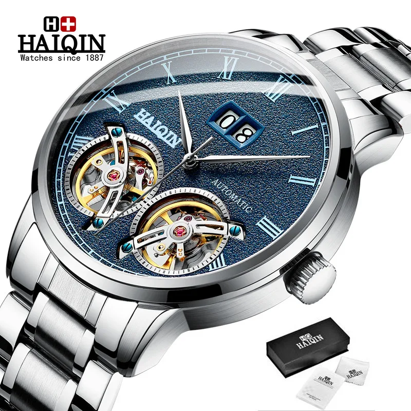 

Double tourbillon Automatic Men's Watches HAIQIN Top Brand Luxury Business Full Steel Waterproof Sport Machinery Watch Men+box