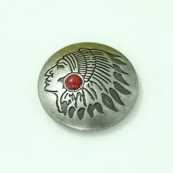 

(KB304) 10pc 1-1/8'' (3.0cm) Native Indian Head Concho Antique-Silver w/ Red Stone Concho Leathercraft