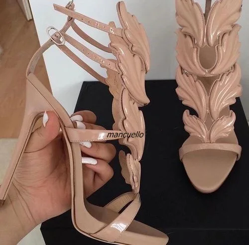 

Concise Beige PU Leather Buckle Style Sandals Fancy Leaf Pattern Decorated Open Toe Stiletto Heel Dress Sandals Sexy Trendy Shoe