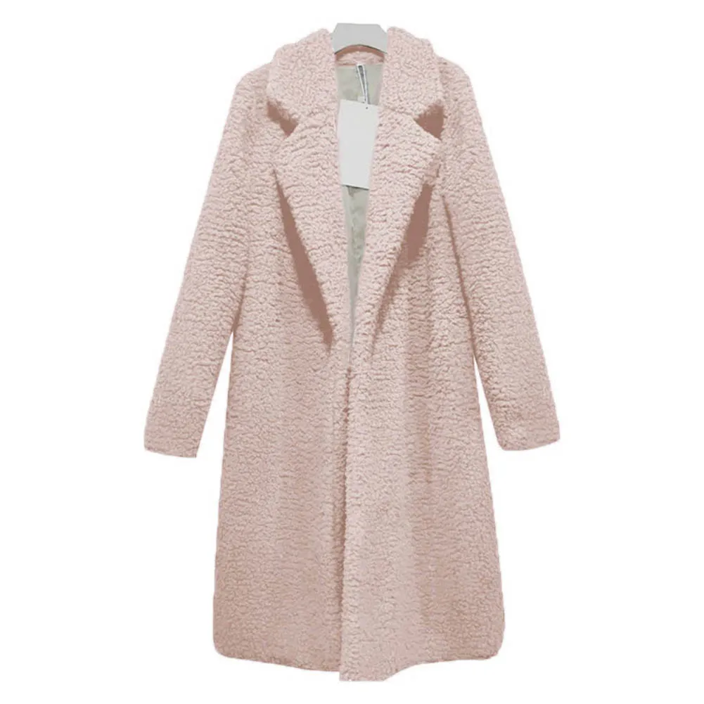 Новинка, Женский Топ, пальто с длинным рукавом, теплое, с отворотом, модное, средней длины, одноцветное, для зимы, VK-ING - Цвет: Розовый