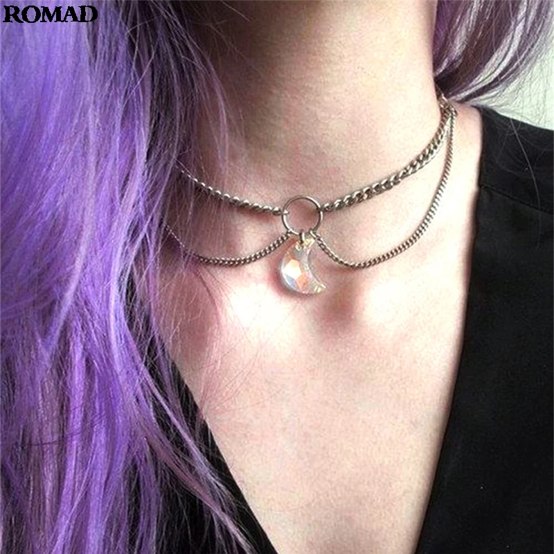 

ROMAD For Women Crystal moon pendant chain multi-layer necklace Crystal Pendant Meditation Spike Pendulums for Women Jewelry A40