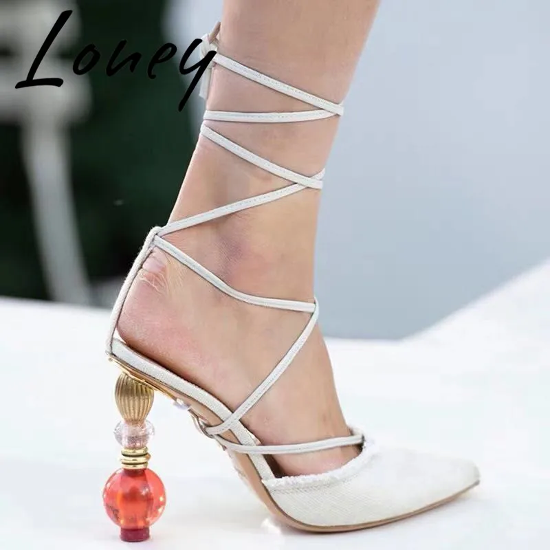 

Loney New Spring Summer Rome Gladiator Lace Up Summer Pumps Sexy Pointed Toe Crystal Ball Heel Pumps Sandas Shoes Women