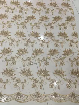 

African L2324 Embroidered mesh lace fabric Gold French net lace fabric for wedding dress