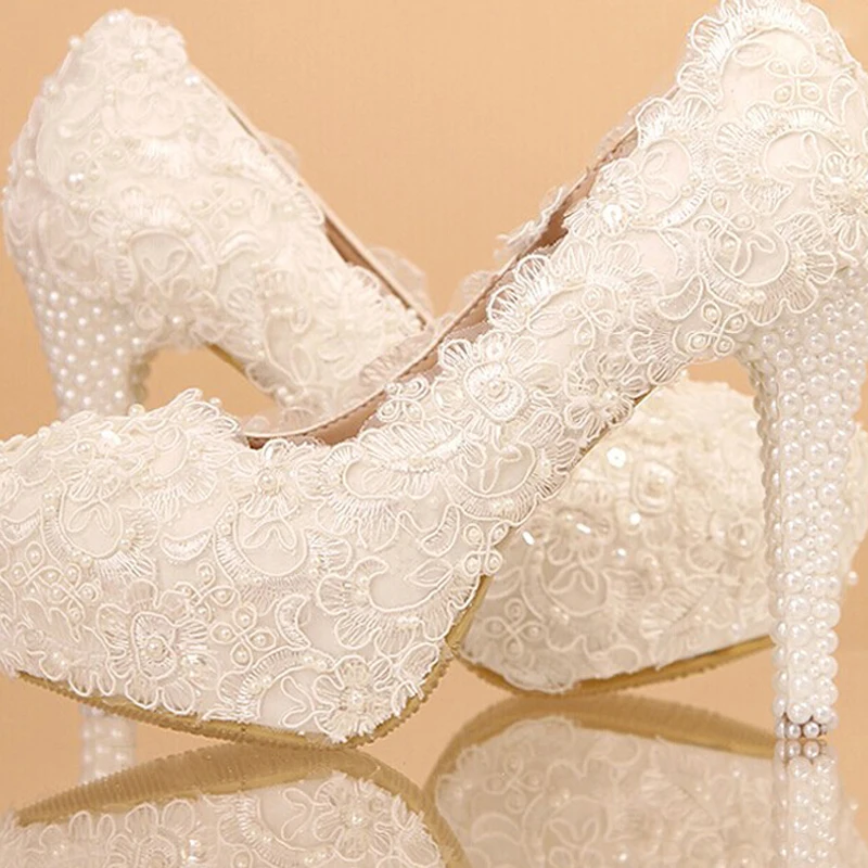 

Newest White Beautiful Vogue Lace Flowers Pearl High Heels Wedding Bridal Shoes Comfortable Bridesmaid Shoes