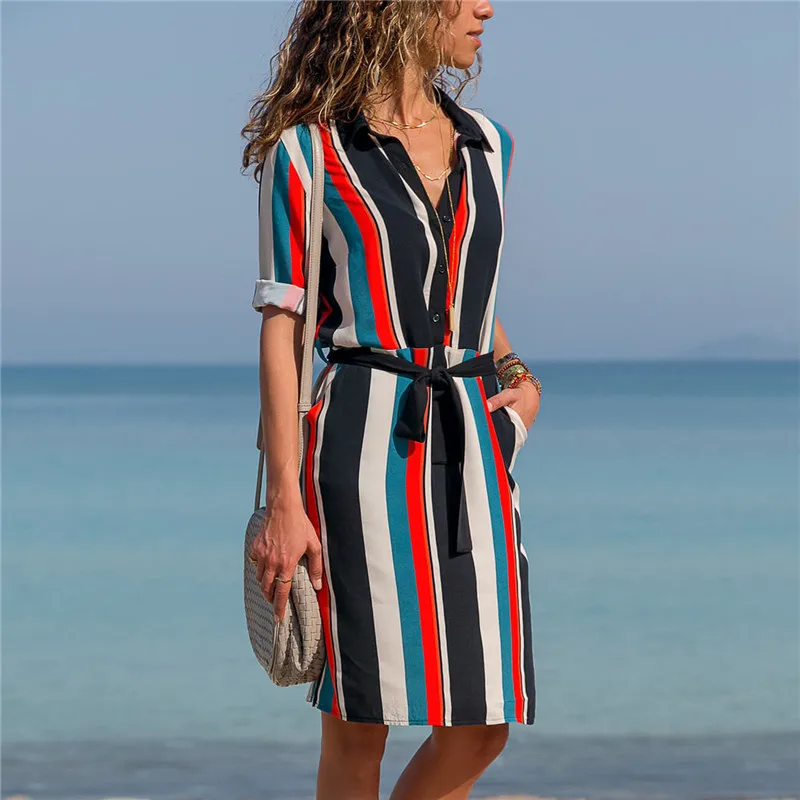 

Long Sleeve Shirt Dress 2019 Summer Chiffon Boho Beach Dresses Women Casual Striped Print A-line Sexy V Neck Party Dress Vestido