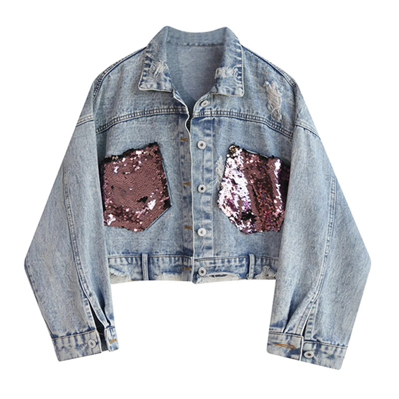 

PERHAPS U Women Blue Denim Jacket Pocket Sequined Bling Hole Long Sleeves Jean Turn Down Collar Loose Frayed Vintage C0021