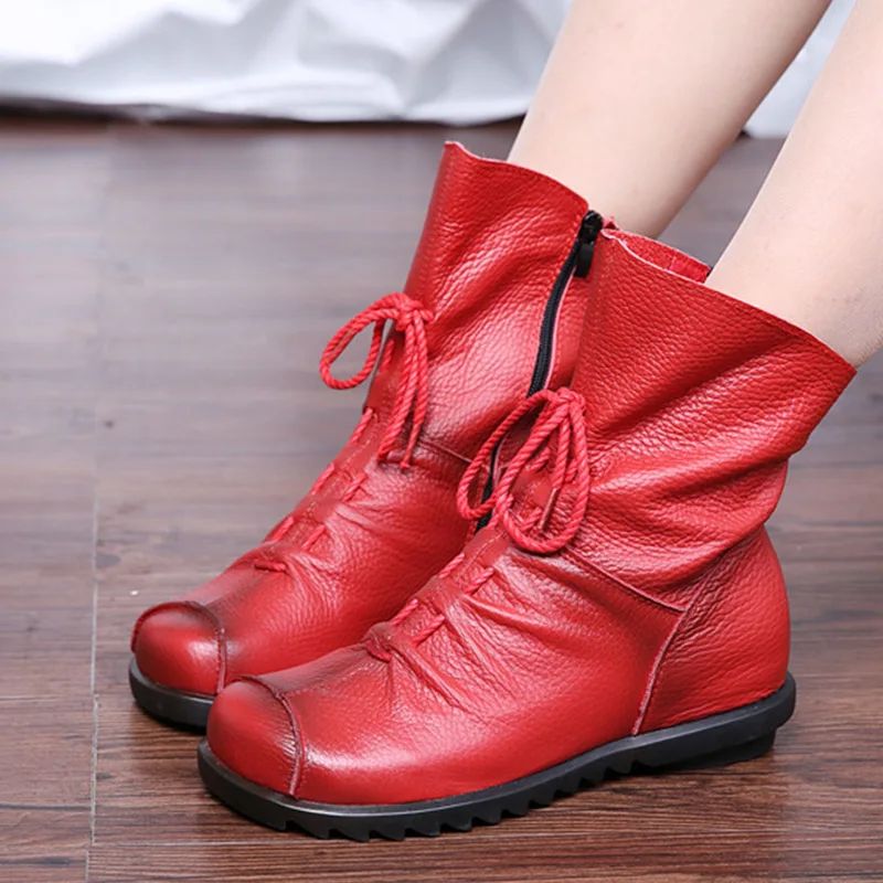 

Women boots 2018 Winter Vintage Style Leather Women Snow Boots Flat Booties Soft Cowhide Women's Shoes Front Zip Ankle Boots