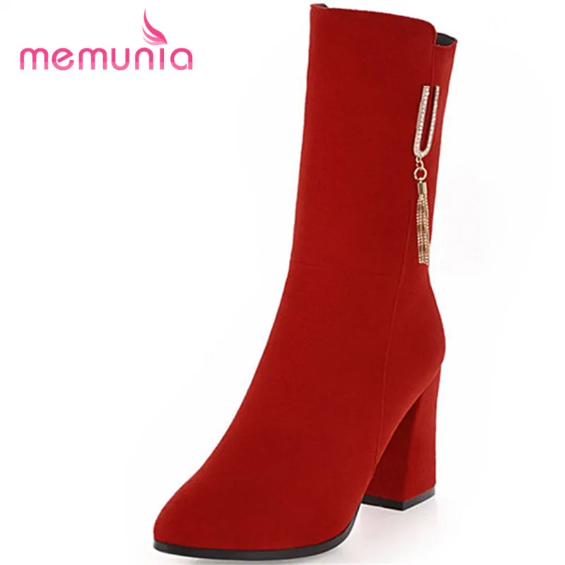 

MEMUNIA new arrive 2020 autumn winter mid calf boots pointed toe super high heel women boots short plush zipper boots size 33-43