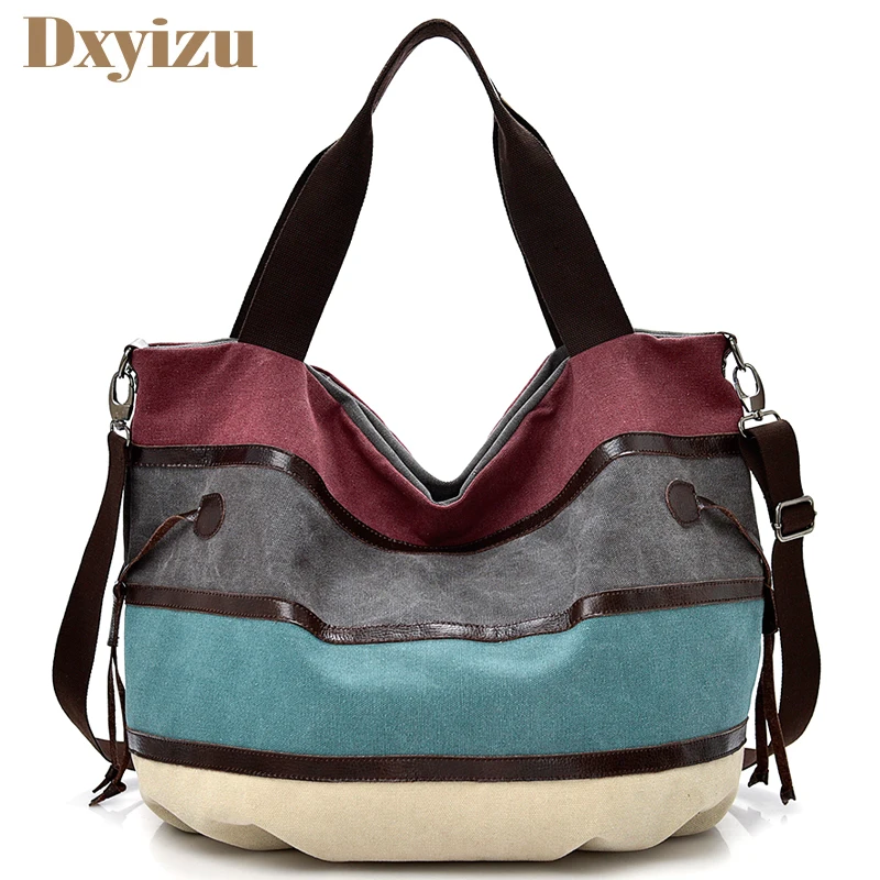 Fashion Canvas Patchwork Women Casual Tote Zipper Closer Handbag