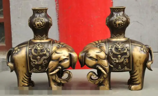 

S03042 13 Old Tibet Stately Pure Copper Bronze Dragon Elephant Zun Vase Pot Statue Pair B0403