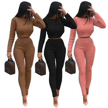 

Plus Size XXL New 2019 Spring Autumn and Autumn Fashion Solid Color Women Elastic Knitted Set O Neck Sweater + Knitted Pants