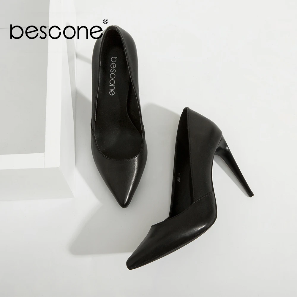 BESCONE High Quality Lady Pumps Black Genuine Leather Super High Thin Heels Party Pumps Sexy Pointed Toe Slip-on Woman Shoes A50 BESCONE High Quality Lady Pumps Black Genuine Leather Super High Thin Heels Party Pumps Sexy Pointed Toe Slip-on Woman Shoes A50
