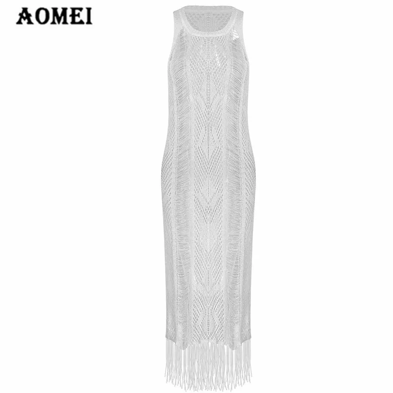 

Women Dress Sleeveless Sheath Hollow out Transparent Maxi Sexy O Neck Beach Casual Knit Robes Summer Holiday Fashion with Tassel
