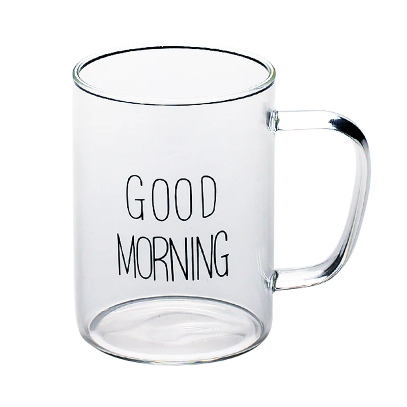 Glass Cup Tea Coffee Mug Black White Good Morning Breakfast Milk Juice Cup Transparent Glass Beer Mug 400ML (4)