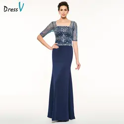 Платье-футляр длинное синее платье для матери невесты с квадратным вырезом, рукав до локтя, бисероплетение, пайетки на заказ, платье для