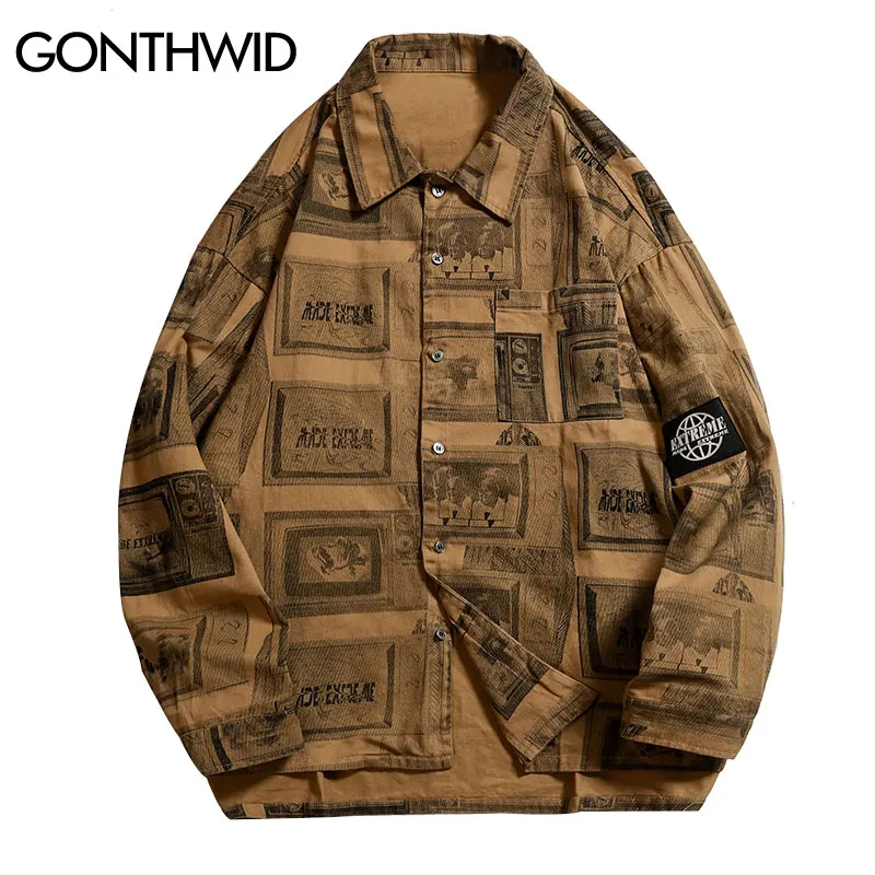 

GONTHWID Vintage Creative Newspaper Full Printed Long Sleeve Shirts Casual Hip Hop Loose Men Women Shirt 2019 Fashion Streetwear