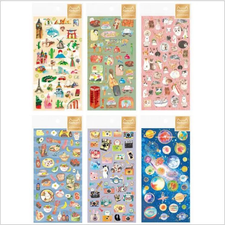 

Gold Stamping Planet Stars Travel Tool Camera Cat Japan Food Decorative Planner Sticker DIY Scrapbooking Phone index Stickers