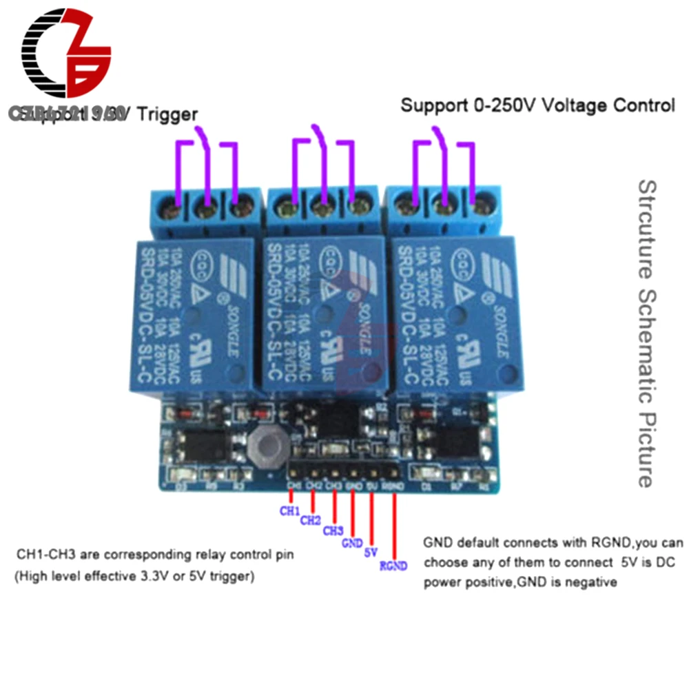 3,3 V 5V 3 канальный релейный модуль 5mA с оптроном изоляции совместимый сигнал