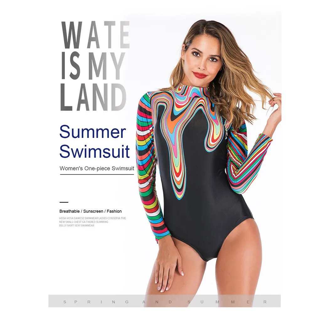 

CHAMSGEND Women's Beach Holiday Long-sleeved Sunscreen Sexy One-piece Swimsuit Printing Fashion Slim Beachwear Surf Clothing