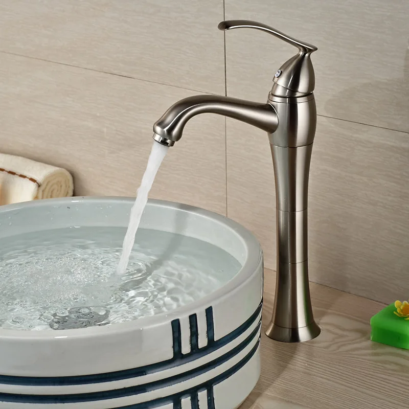 Nickel Brushed Single Lever Basin Vessel Sink Faucet Deck Mount Bathroom Hot Cold Mixer Taps