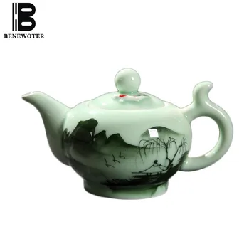 

220cc Vintage Longquan Celadon Emboss Fish Teapot Hand Painted Landscape Pattern Oolong Tea Kettle Home Art Teaware Sent Friends