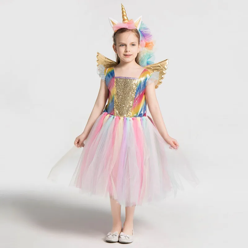 

Kids Unicorn Dress for Girl Princess Dress Up Costume Big Girls Rainbow Tulle Birthday Halloween Party Dresses Children Frocks