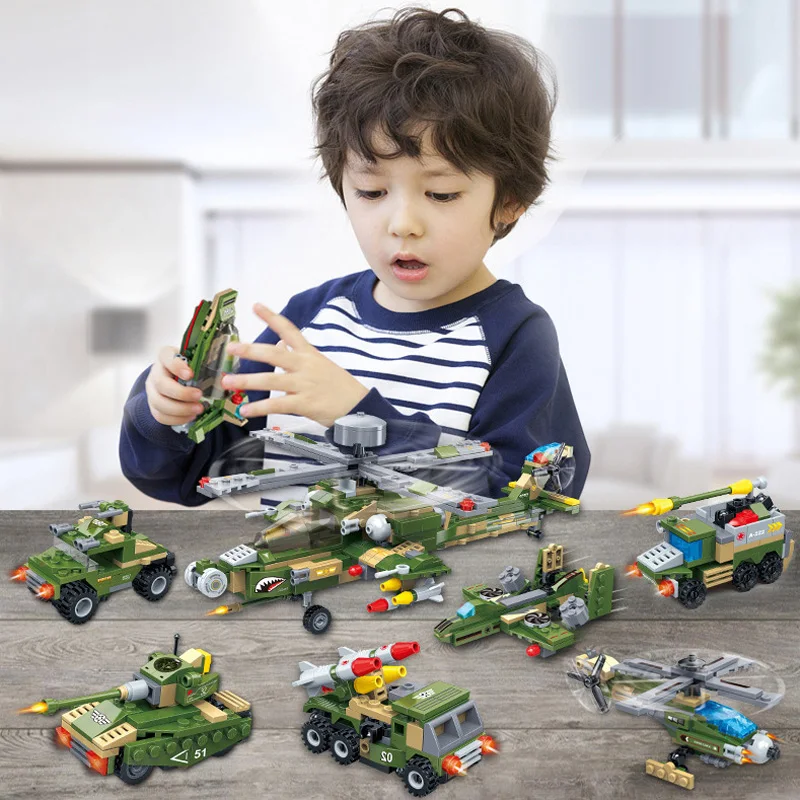 

648pcs 8in1 Military WW2 Robot Helicopter Fighter Apache Attack Armor Boat Truck Tank Transformation Building Blocks Kids Toy